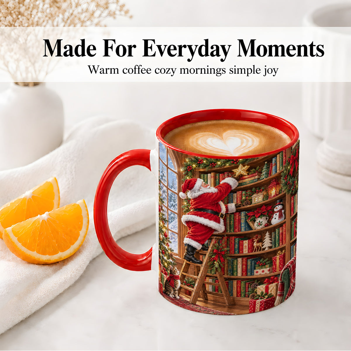 #pl[11oz|Red] Santa Library Accent Mug, Ceramic Mug with Christmas Book Artwork