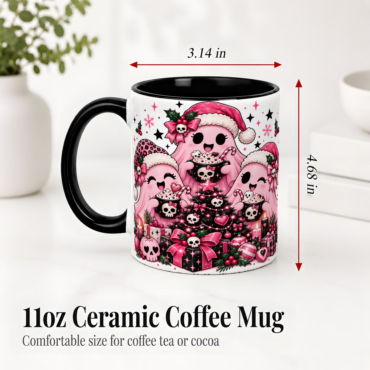 #pl[11oz|Black] Pink Gothic Christmas Ghost Accent Mug, Ceramic Mug with Skull Art