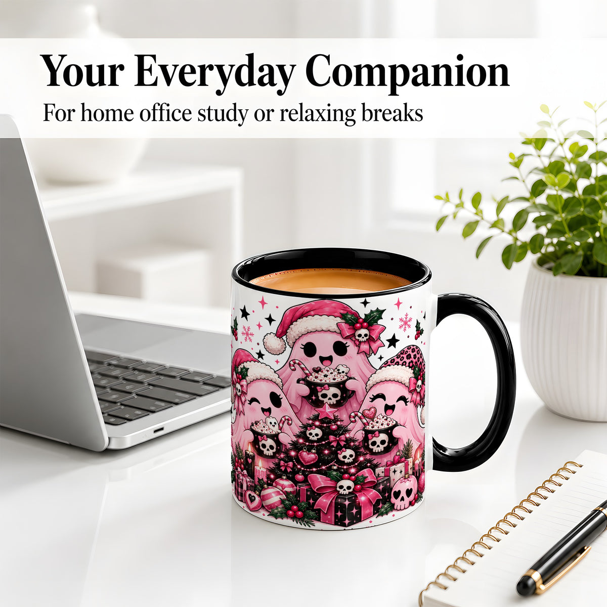 #pl[11oz|Black] Pink Gothic Christmas Ghost Accent Mug, Ceramic Mug with Skull Art