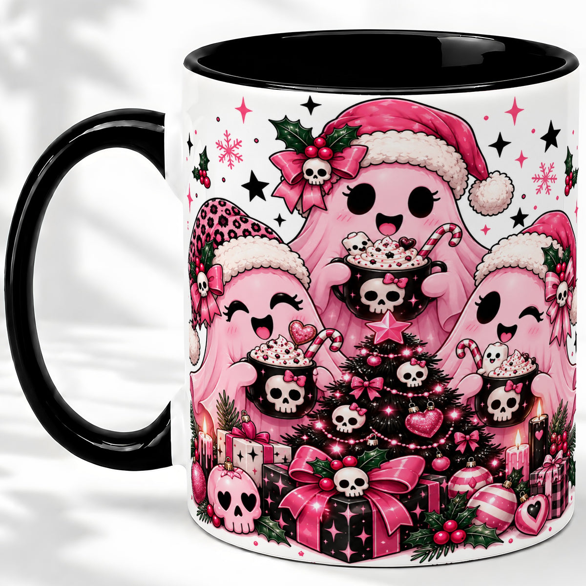 #pl[11oz|Black] Pink Gothic Christmas Ghost Accent Mug, Ceramic Mug with Skull Art