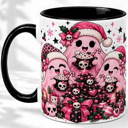 #pl[11oz|Black] Pink Gothic Christmas Ghost Accent Mug, Ceramic Mug with Skull Art