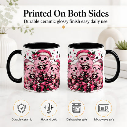 #pl[11oz|Black] Pink Gothic Christmas Ghost Accent Mug, Ceramic Mug with Skull Art
