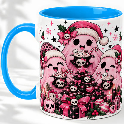 #pl[11oz|Blue] Pink Gothic Christmas Ghost Accent Mug, Ceramic Mug with Skull Art