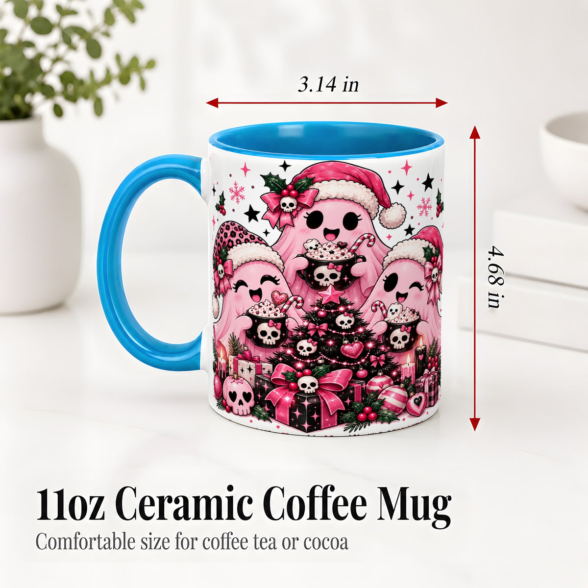 #pl[11oz|Blue] Pink Gothic Christmas Ghost Accent Mug, Ceramic Mug with Skull Art