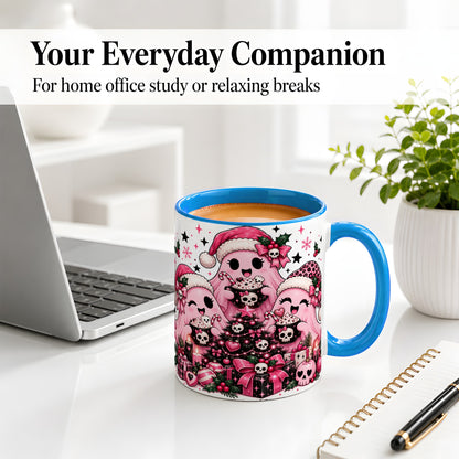#pl[11oz|Blue] Pink Gothic Christmas Ghost Accent Mug, Ceramic Mug with Skull Art