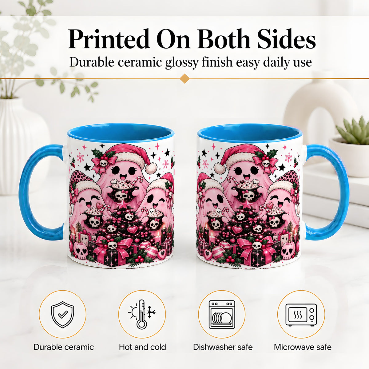 #pl[11oz|Blue] Pink Gothic Christmas Ghost Accent Mug, Ceramic Mug with Skull Art