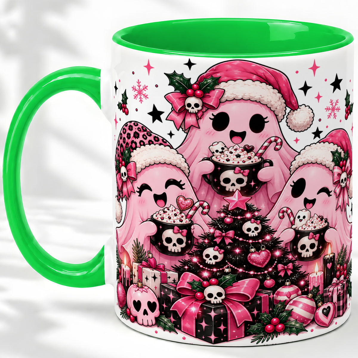 #pl[11oz|Green] Pink Gothic Christmas Ghost Accent Mug, Ceramic Mug with Skull Art