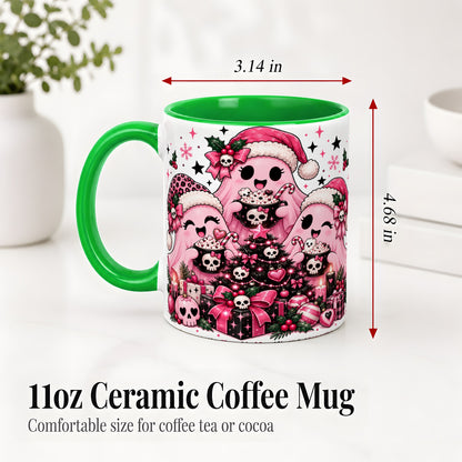 #pl[11oz|Green] Pink Gothic Christmas Ghost Accent Mug, Ceramic Mug with Skull Art