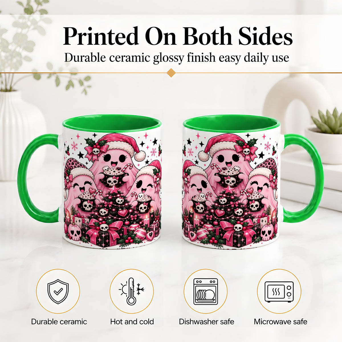 #pl[11oz|Green] Pink Gothic Christmas Ghost Accent Mug, Ceramic Mug with Skull Art