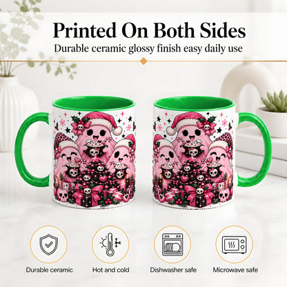 #pl[11oz|Green] Pink Gothic Christmas Ghost Accent Mug, Ceramic Mug with Skull Art