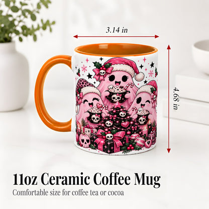 #pl[11oz|Orange] Pink Gothic Christmas Ghost Accent Mug, Ceramic Mug with Skull Art