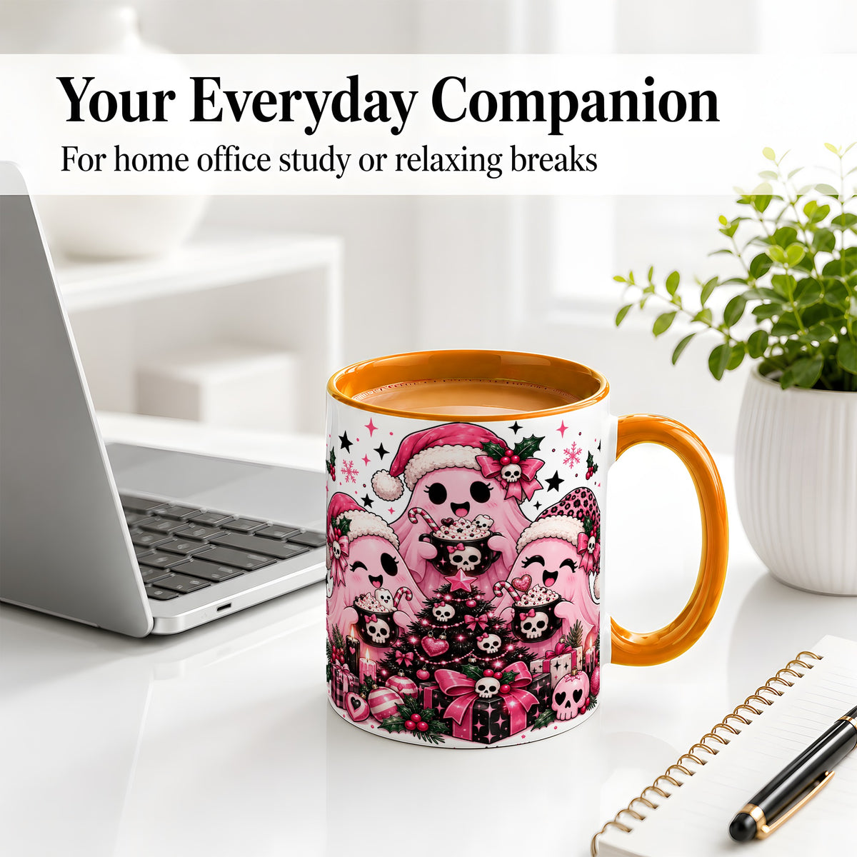 #pl[11oz|Orange] Pink Gothic Christmas Ghost Accent Mug, Ceramic Mug with Skull Art