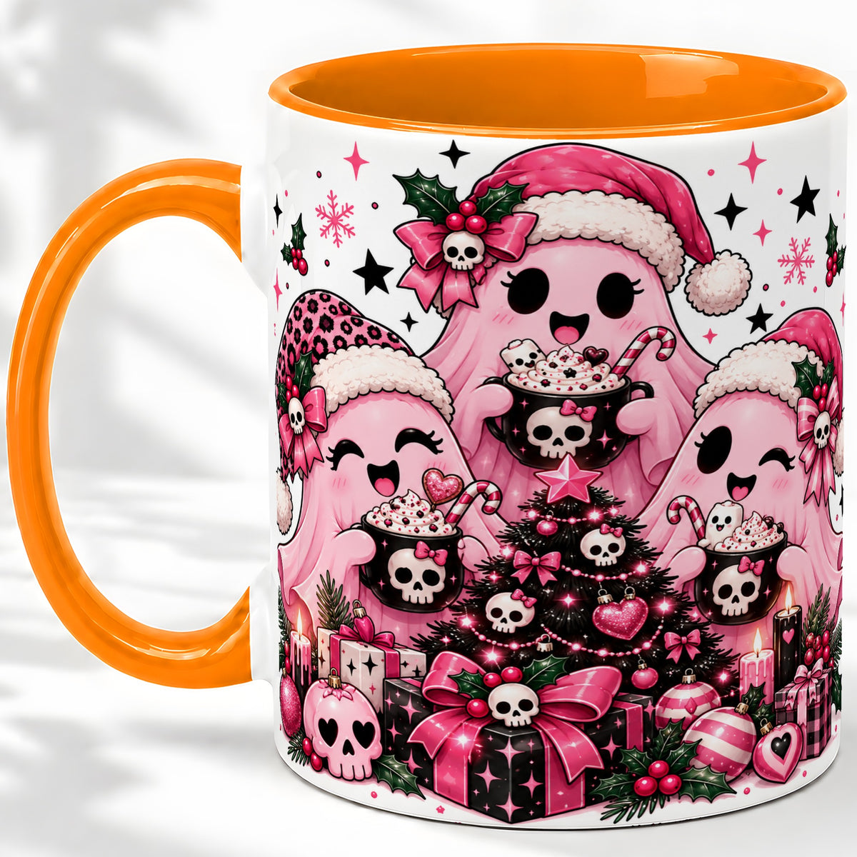 #pl[11oz|Orange] Pink Gothic Christmas Ghost Accent Mug, Ceramic Mug with Skull Art