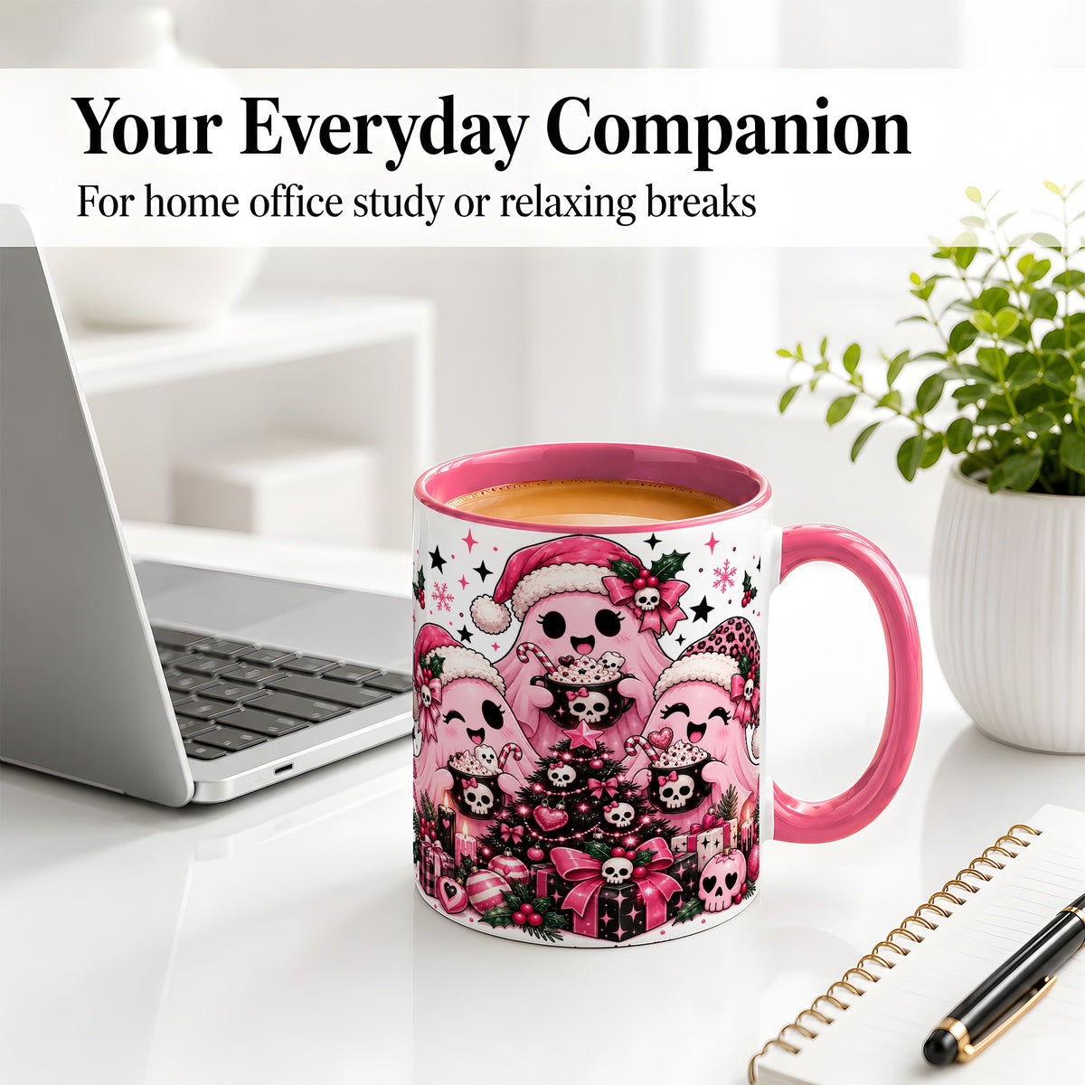 #pl[11oz|Pink] Pink Gothic Christmas Ghost Accent Mug, Ceramic Mug with Skull Art
