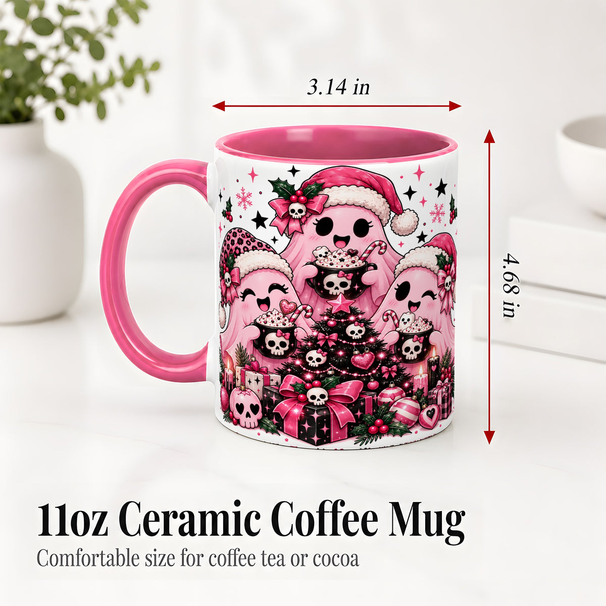 #pl[11oz|Pink] Pink Gothic Christmas Ghost Accent Mug, Ceramic Mug with Skull Art