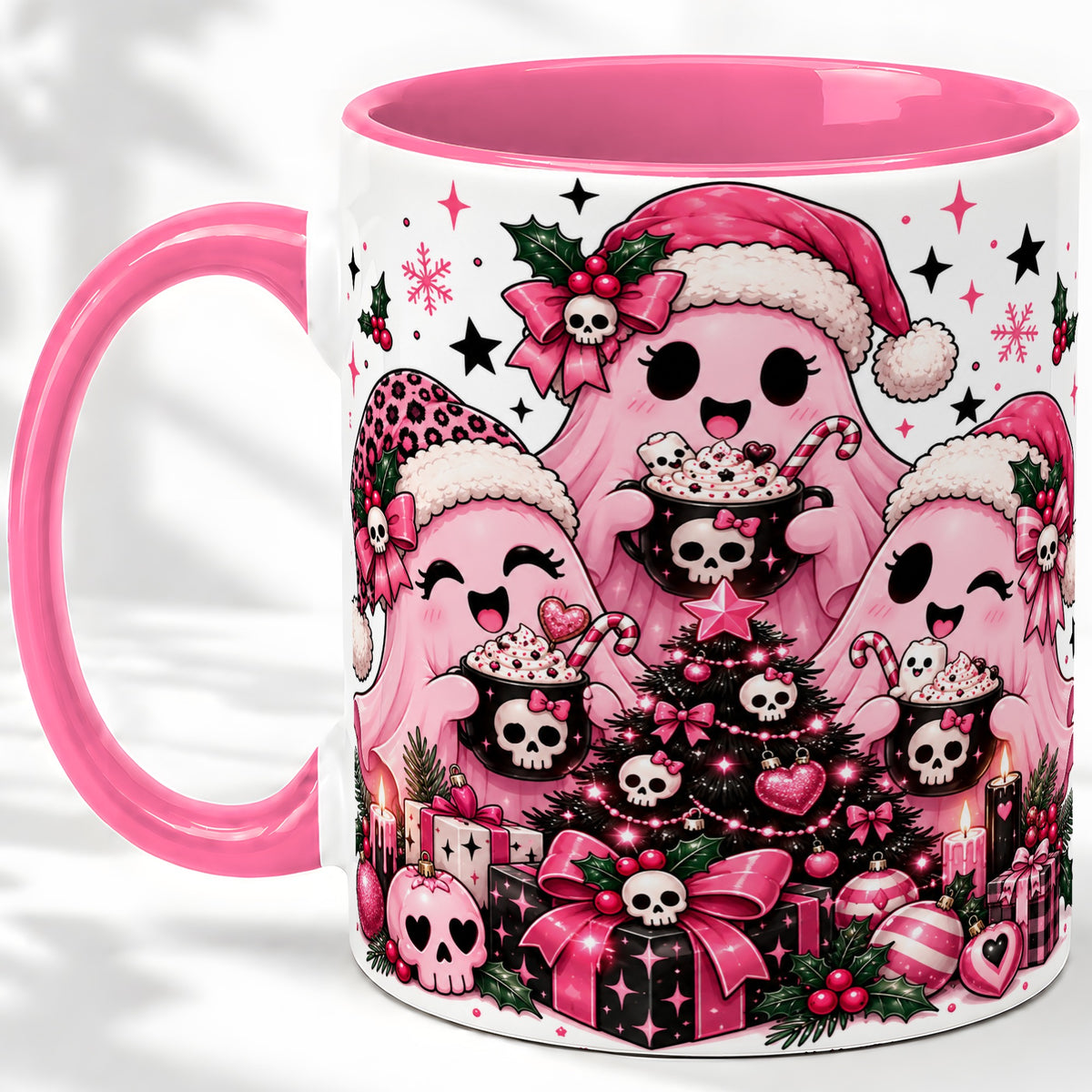 #pl[11oz|Pink] Pink Gothic Christmas Ghost Accent Mug, Ceramic Mug with Skull Art