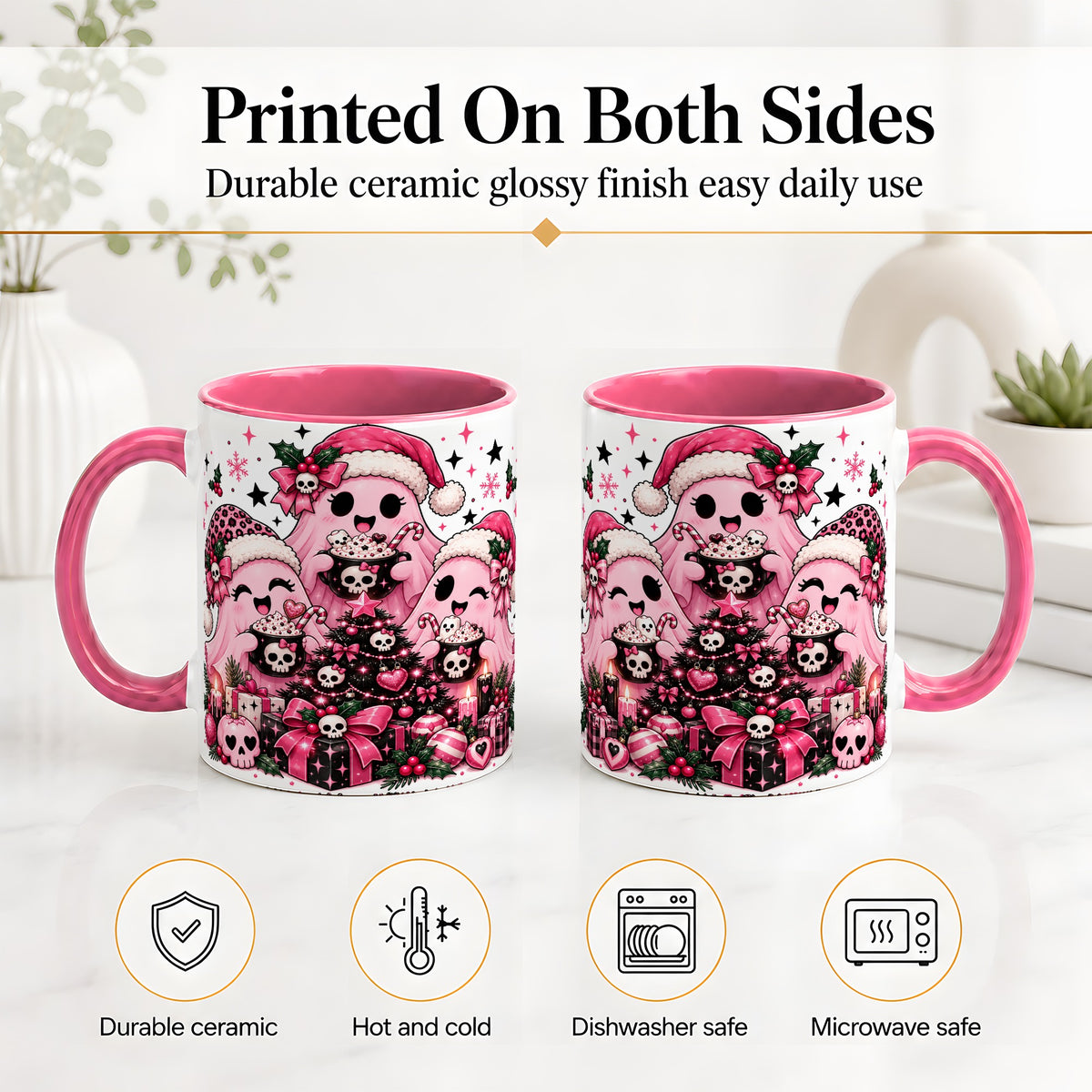#pl[11oz|Pink] Pink Gothic Christmas Ghost Accent Mug, Ceramic Mug with Skull Art