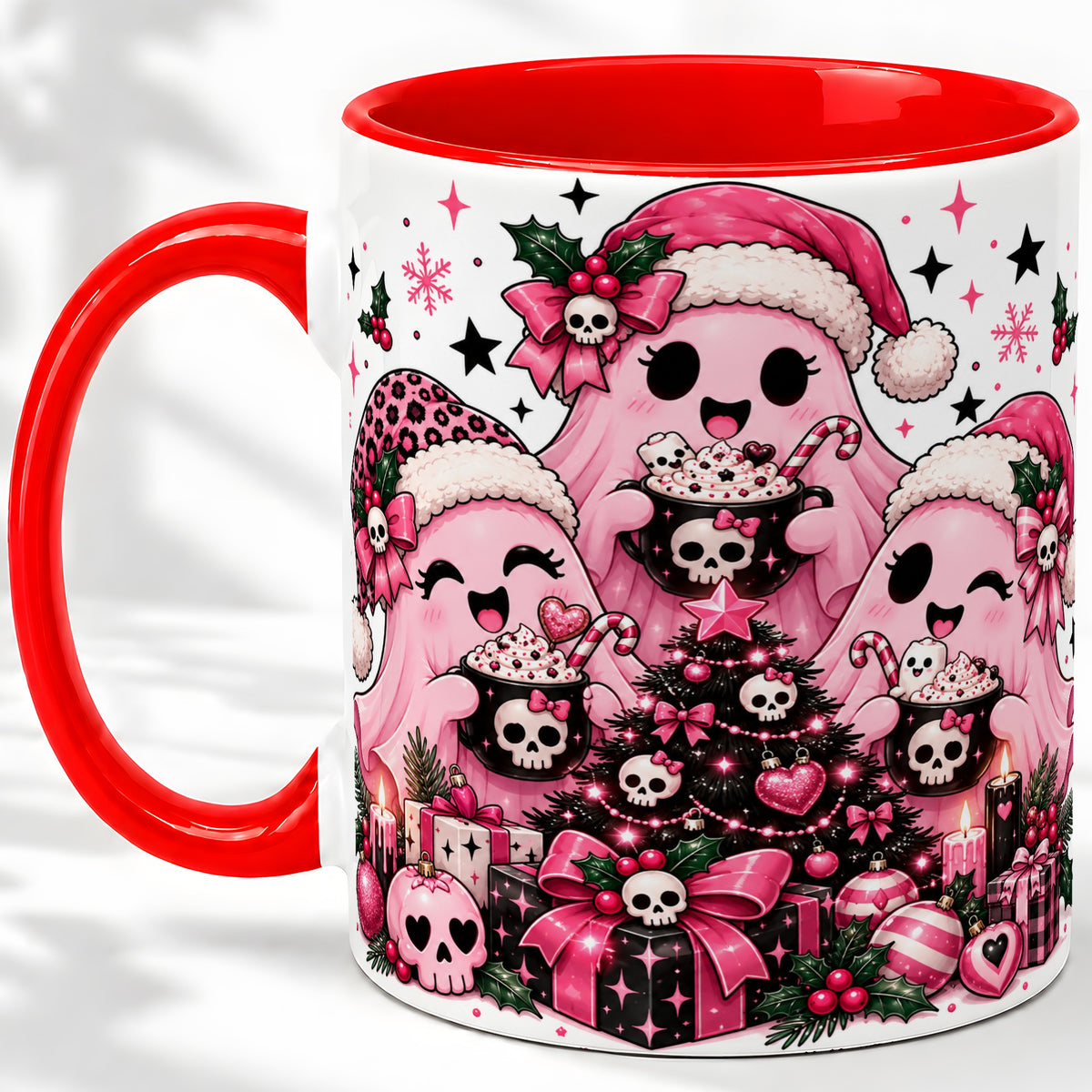 Pink Gothic Christmas Ghost Accent Mug, Ceramic Mug with Skull Art