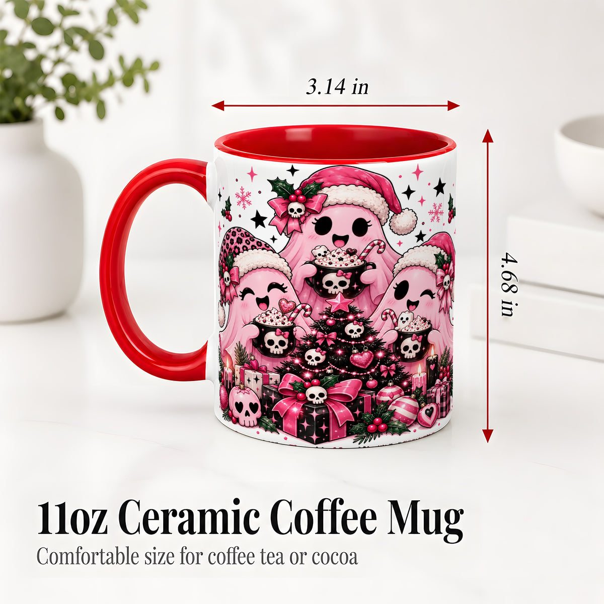 #pl[11oz|Red] Pink Gothic Christmas Ghost Accent Mug, Ceramic Mug with Skull Art