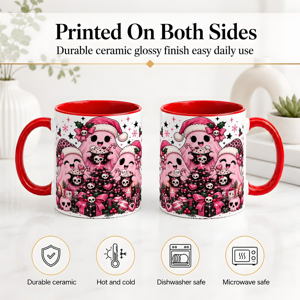 #pl[11oz|Red] Pink Gothic Christmas Ghost Accent Mug, Ceramic Mug with Skull Art