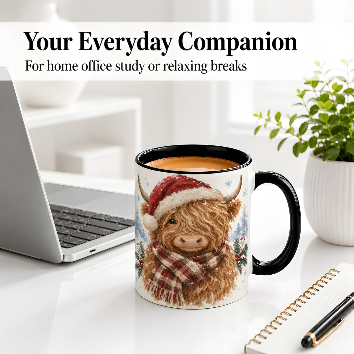 #pl[11oz|Black] Christmas Highland Cow Accent Mug, Ceramic Mug with Winter Art