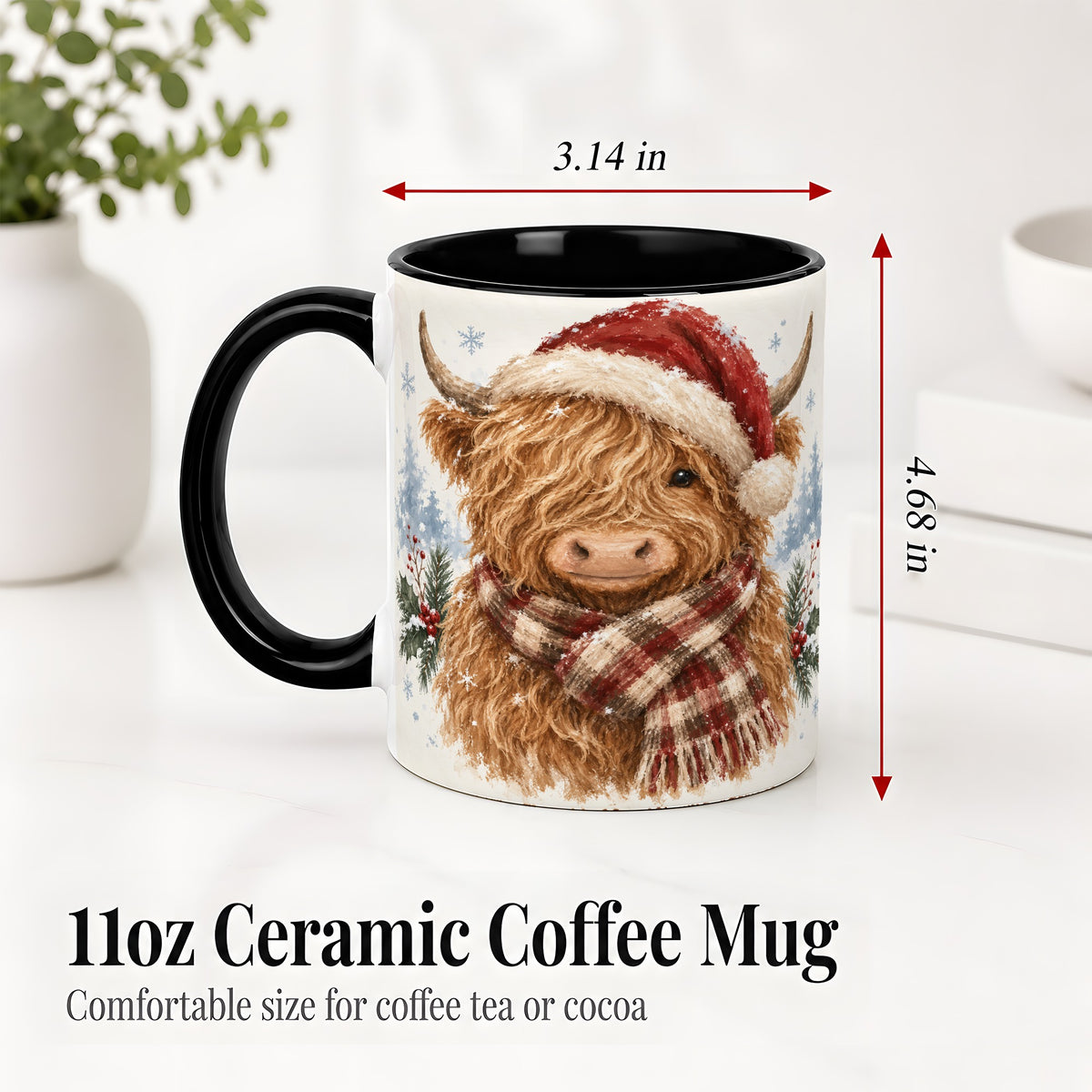 #pl[11oz|Black] Christmas Highland Cow Accent Mug, Ceramic Mug with Winter Art