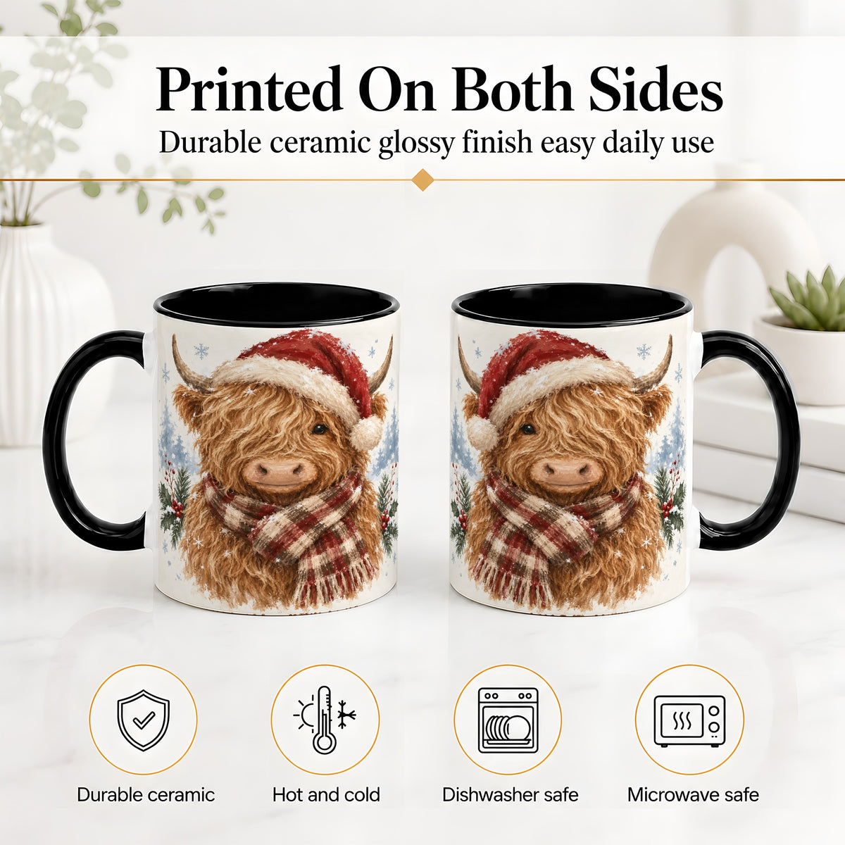 #pl[11oz|Black] Christmas Highland Cow Accent Mug, Ceramic Mug with Winter Art