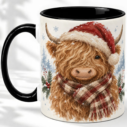 #pl[11oz|Black] Christmas Highland Cow Accent Mug, Ceramic Mug with Winter Art