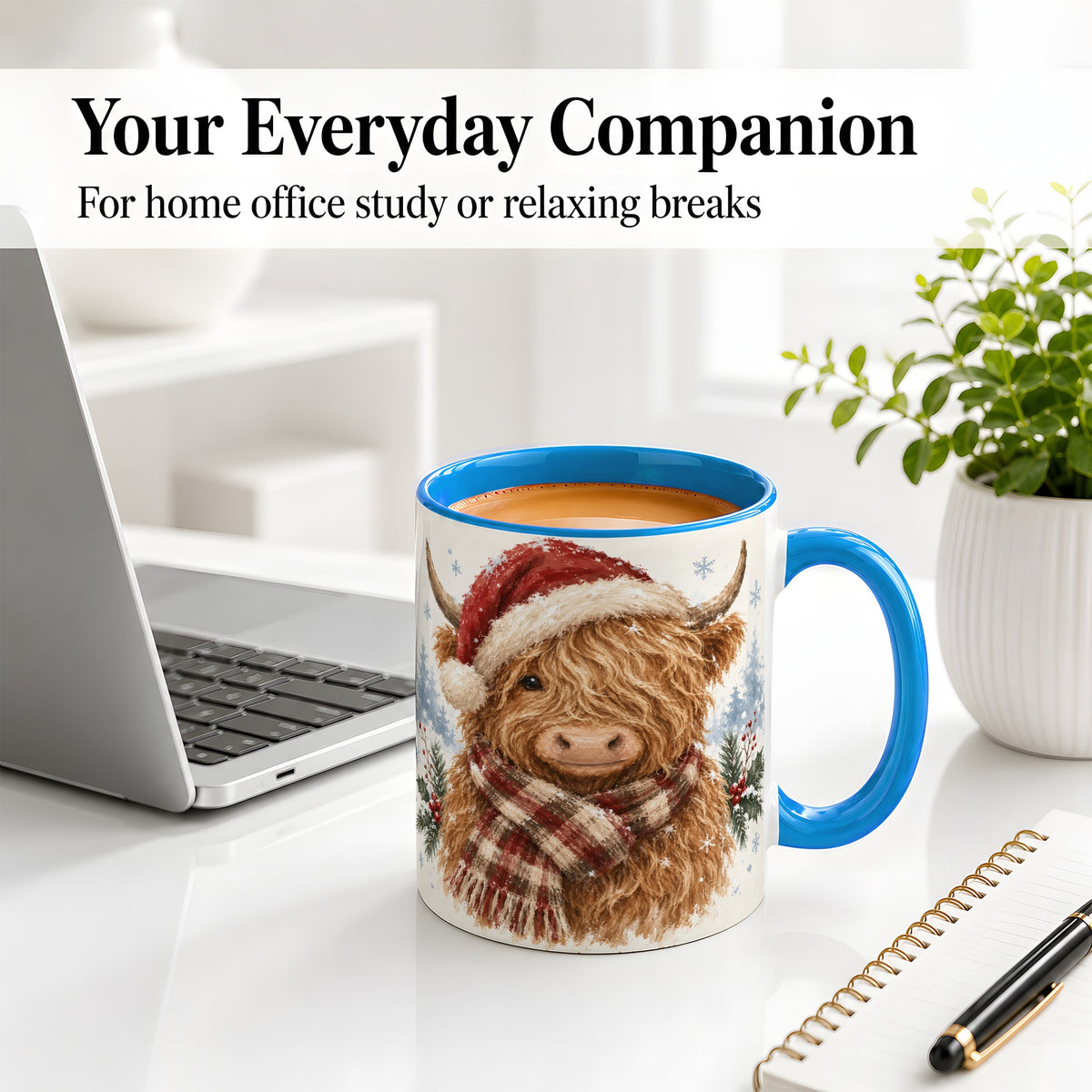 #pl[11oz|Blue] Christmas Highland Cow Accent Mug, Ceramic Mug with Winter Art
