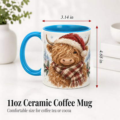 #pl[11oz|Blue] Christmas Highland Cow Accent Mug, Ceramic Mug with Winter Art
