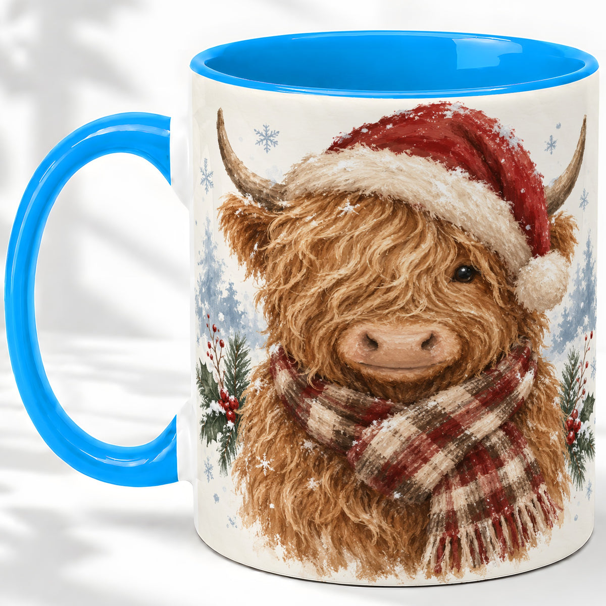 #pl[11oz|Blue] Christmas Highland Cow Accent Mug, Ceramic Mug with Winter Art