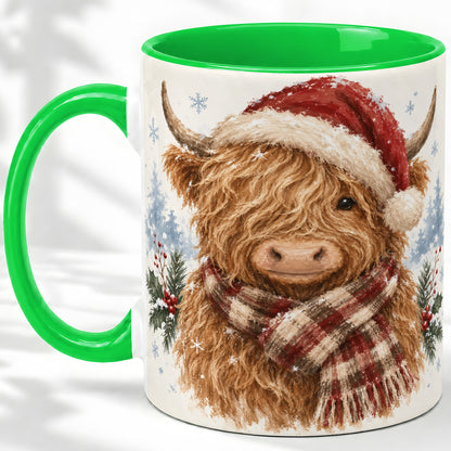 #pl[11oz|Green] Christmas Highland Cow Accent Mug, Ceramic Mug with Winter Art