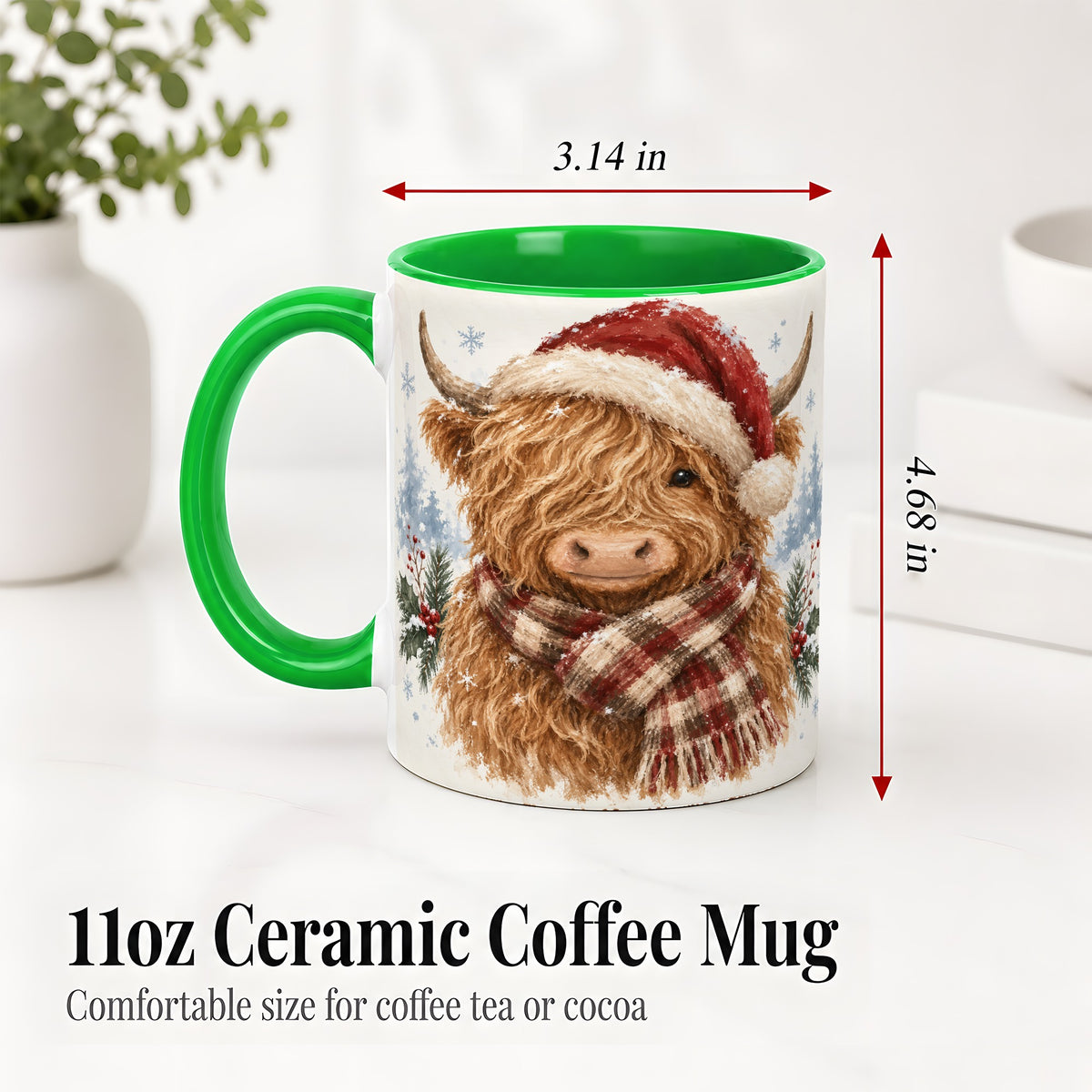 #pl[11oz|Green] Christmas Highland Cow Accent Mug, Ceramic Mug with Winter Art