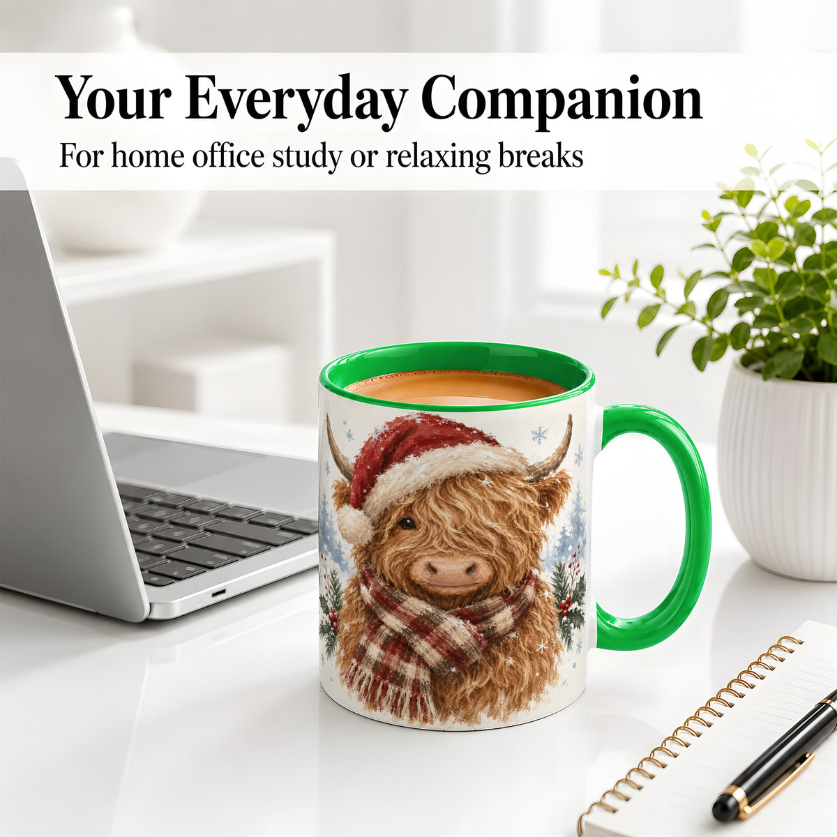 #pl[11oz|Green] Christmas Highland Cow Accent Mug, Ceramic Mug with Winter Art