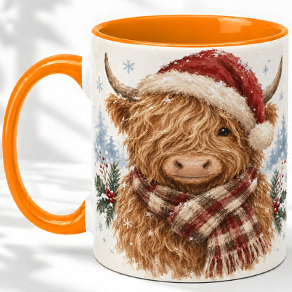 #pl[11oz|Orange] Christmas Highland Cow Accent Mug, Ceramic Mug with Winter Art