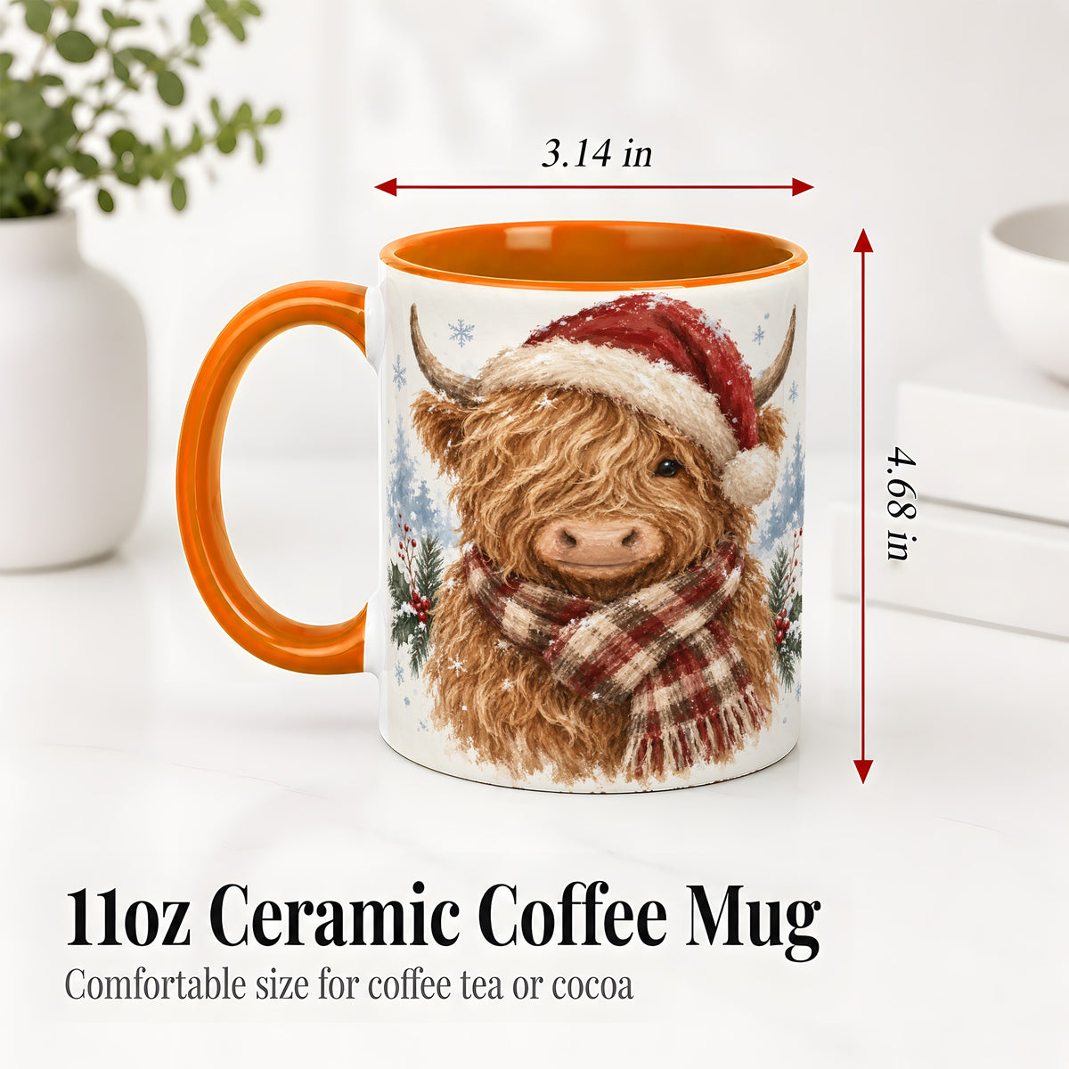 #pl[11oz|Orange] Christmas Highland Cow Accent Mug, Ceramic Mug with Winter Art