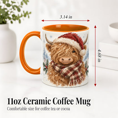 #pl[11oz|Orange] Christmas Highland Cow Accent Mug, Ceramic Mug with Winter Art