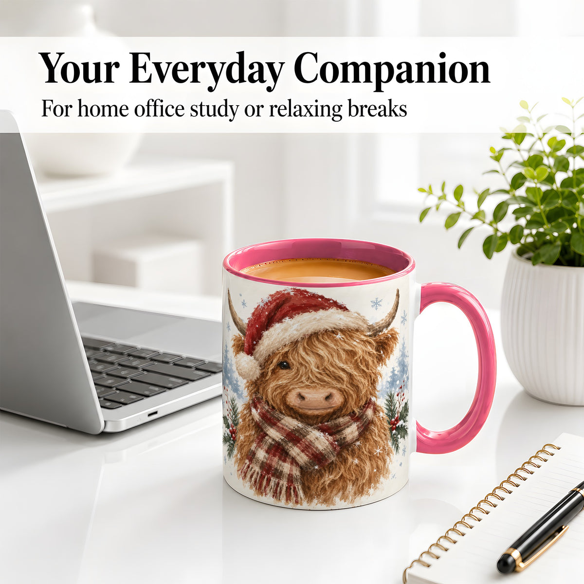 #pl[11oz|Pink] Christmas Highland Cow Accent Mug, Ceramic Mug with Winter Art