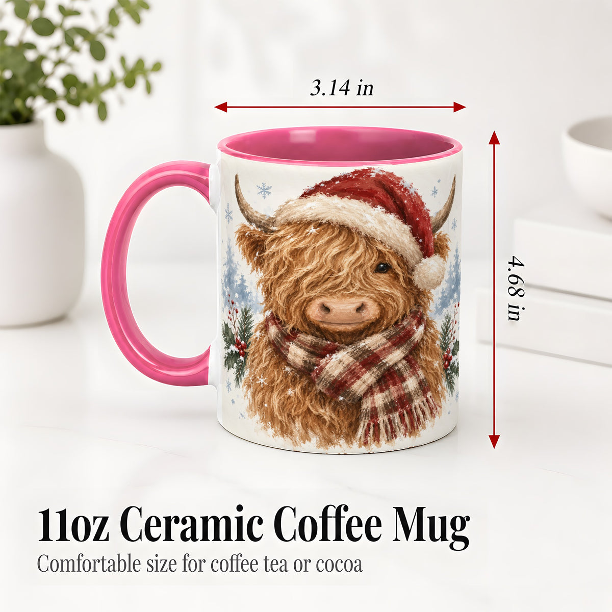 #pl[11oz|Pink] Christmas Highland Cow Accent Mug, Ceramic Mug with Winter Art