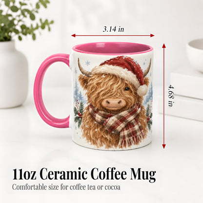 #pl[11oz|Pink] Christmas Highland Cow Accent Mug, Ceramic Mug with Winter Art