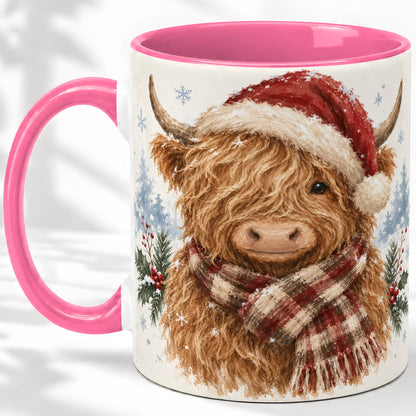 #pl[11oz|Pink] Christmas Highland Cow Accent Mug, Ceramic Mug with Winter Art