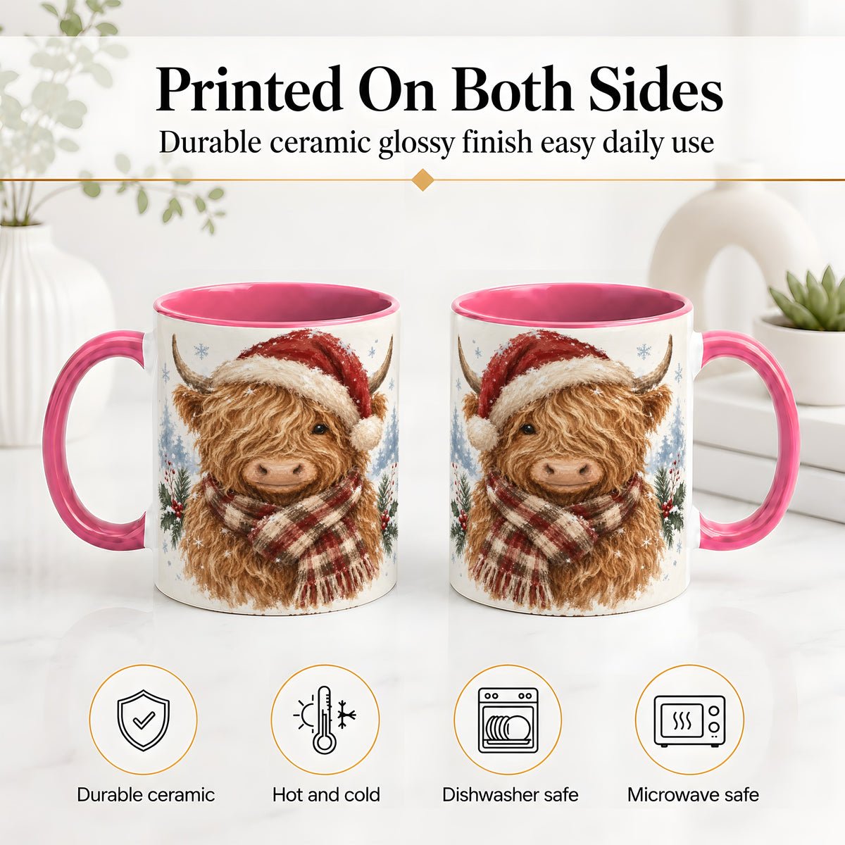 #pl[11oz|Pink] Christmas Highland Cow Accent Mug, Ceramic Mug with Winter Art