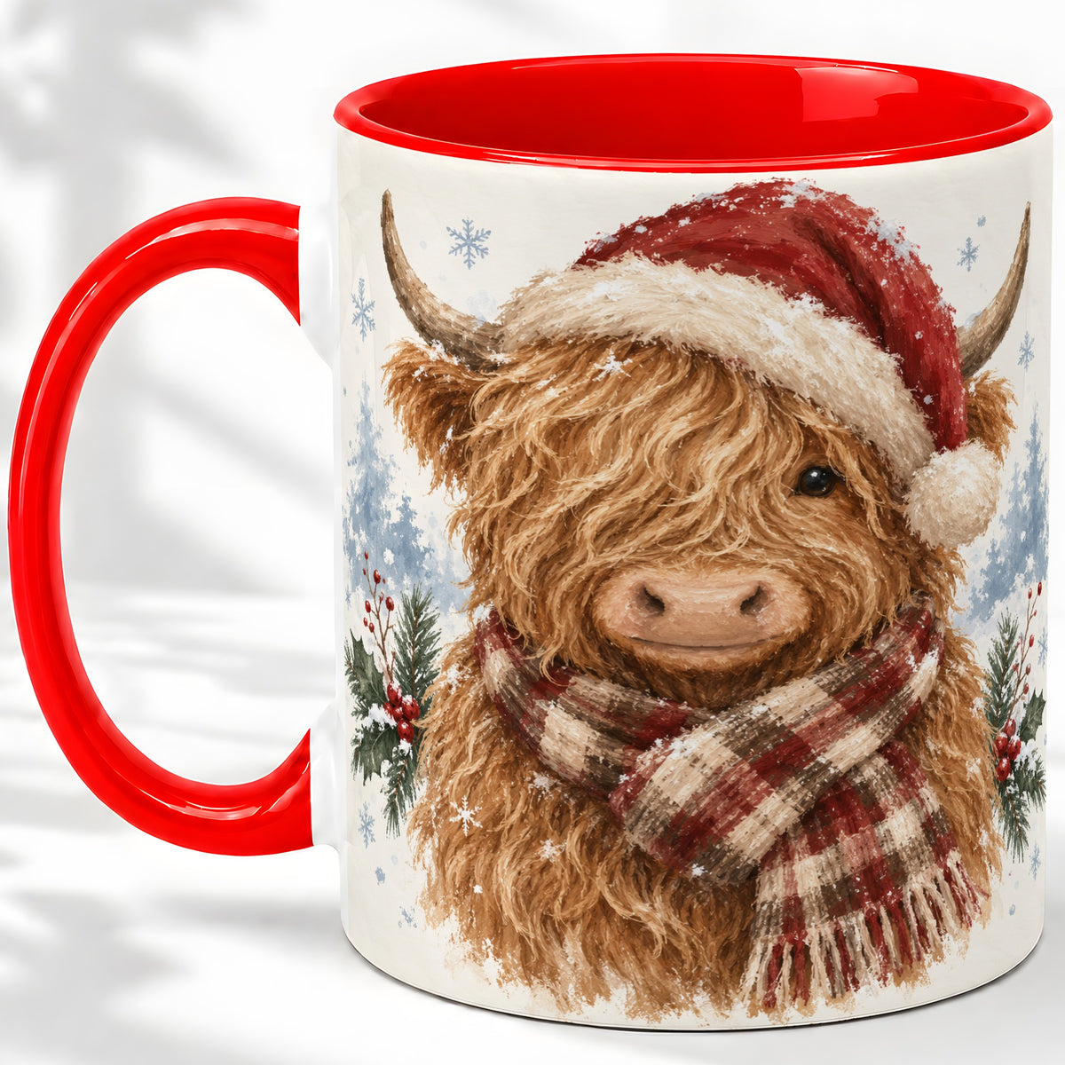 Christmas Highland Cow Accent Mug, Ceramic Mug with Winter Art