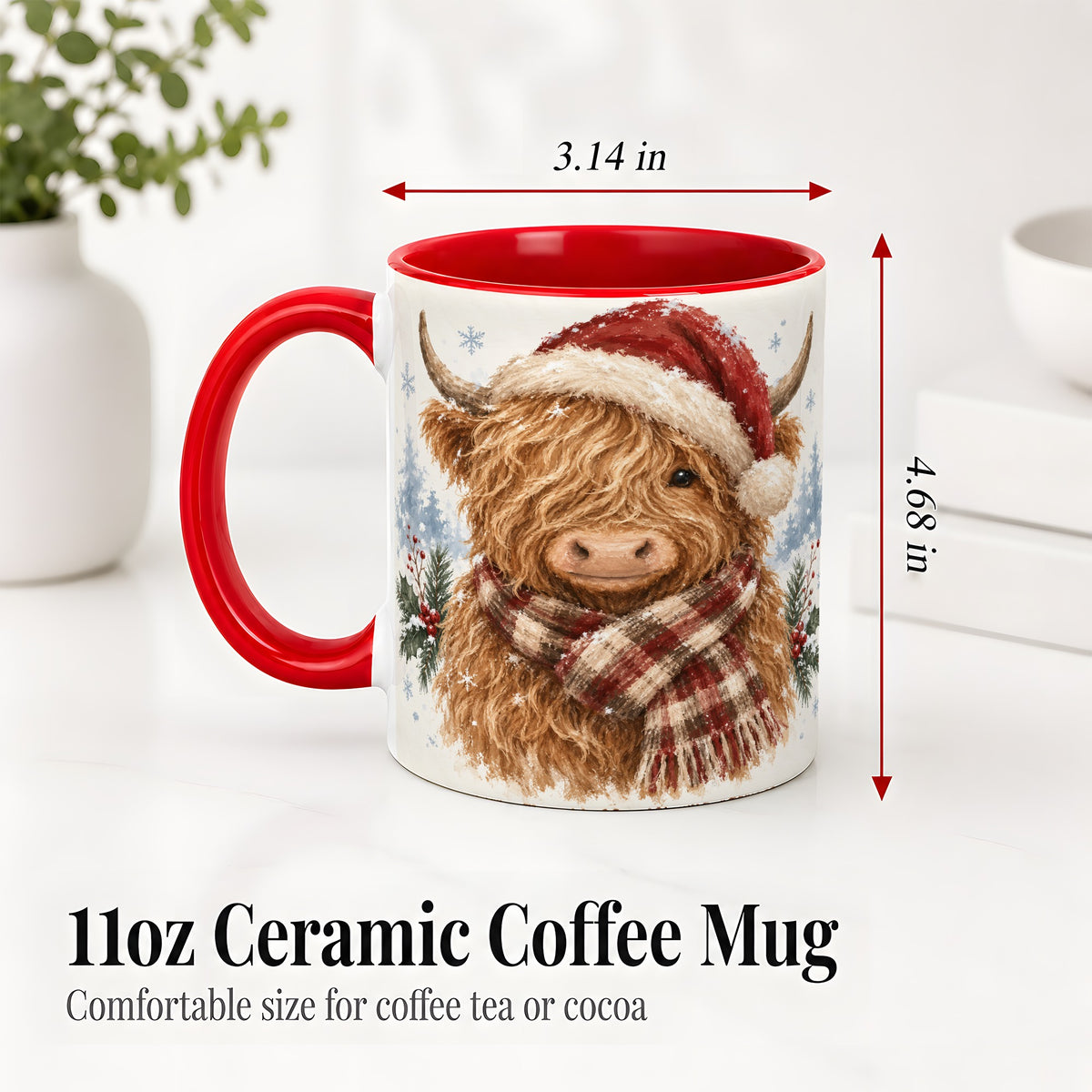 #pl[11oz|Red] Christmas Highland Cow Accent Mug, Ceramic Mug with Winter Art