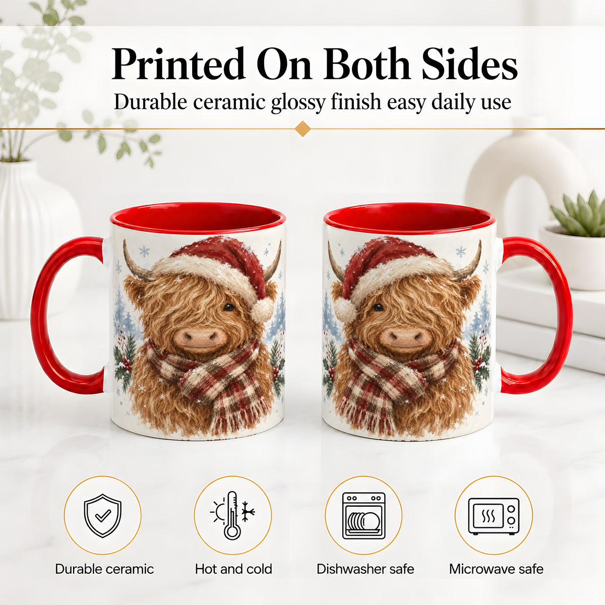 #pl[11oz|Red] Christmas Highland Cow Accent Mug, Ceramic Mug with Winter Art