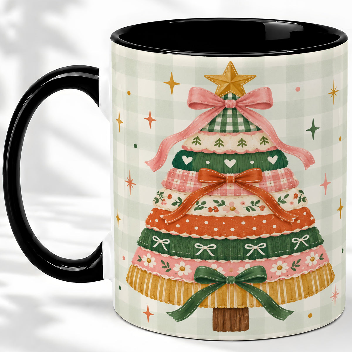 #pl[11oz|Black] Patchwork Christmas Tree Accent Mug, Ceramic Mug with Bow Art