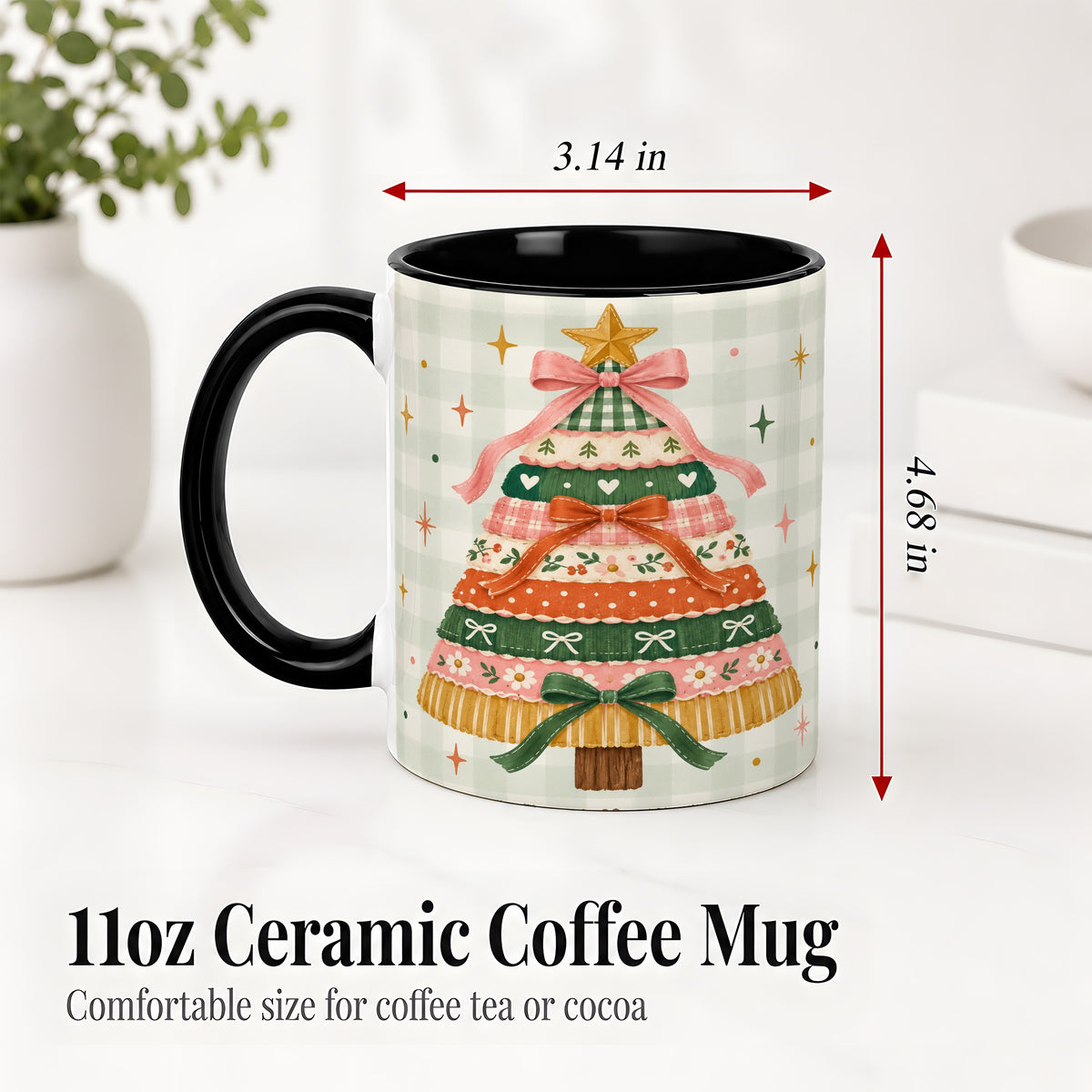 #pl[11oz|Black] Patchwork Christmas Tree Accent Mug, Ceramic Mug with Bow Art