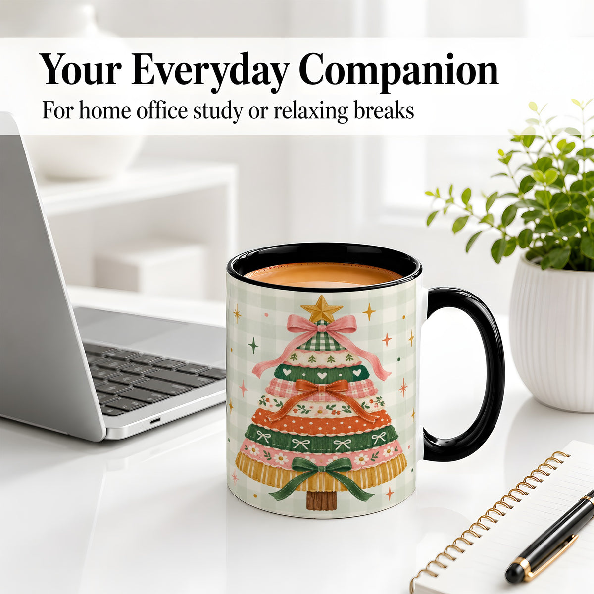 #pl[11oz|Black] Patchwork Christmas Tree Accent Mug, Ceramic Mug with Bow Art