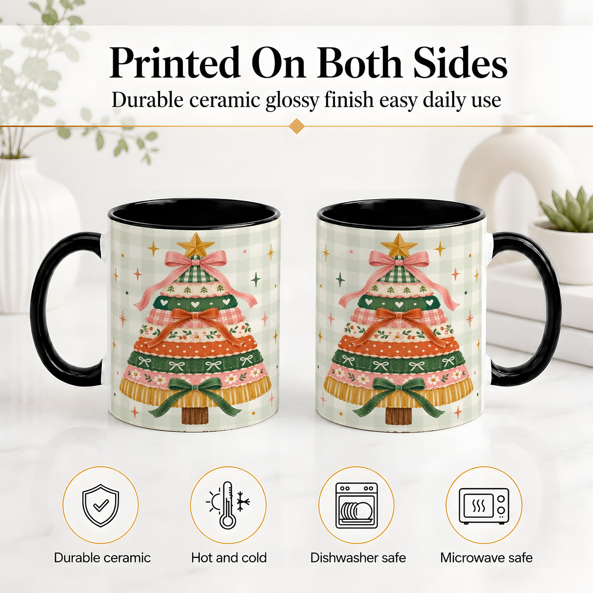 #pl[11oz|Black] Patchwork Christmas Tree Accent Mug, Ceramic Mug with Bow Art