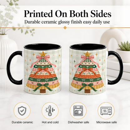 #pl[11oz|Black] Patchwork Christmas Tree Accent Mug, Ceramic Mug with Bow Art